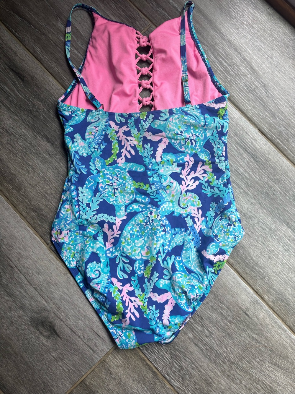 Womens  Lilly PulitzerBlue & Pink One-Piece Swim Suit with Lattice Back - Picture 3 of 6